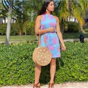 La Mer Luxe halter shift dress blue pink Sea Coral Print excellent Size XS